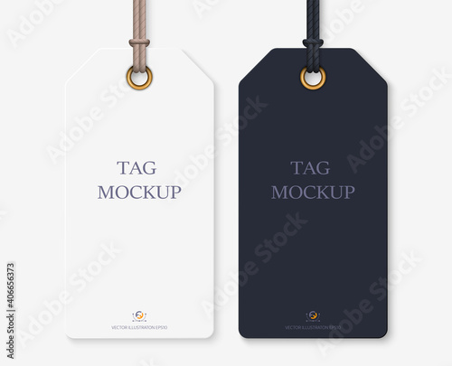 Realistic tag mockup: blank whute and black tag for your design. isolated on light transparent background. Vector illustration EPS10. photo