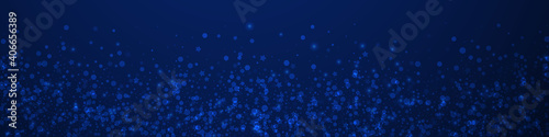 Magic stars Christmas background. Subtle flying snow flakes and stars on dark blue background. Breathtaking winter silver snowflake overlay template. Dazzling panoramic illustration.
