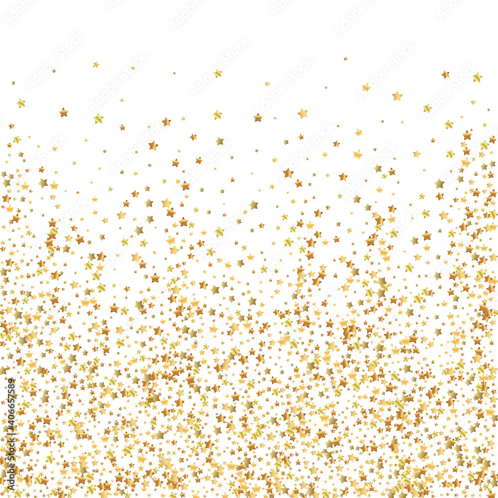 Gold stars luxury sparkling confetti. Scattered small gold particles on white background. Adorable festive overlay template. Majestic vector illustration.