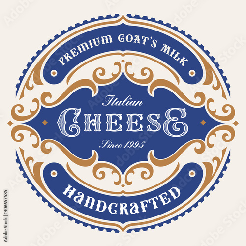 A vintage round cheese label, this design can be used as a template for a package.