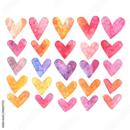 Set of multi-colored hearts on a white background. Watercolor drawing. Isolated objects