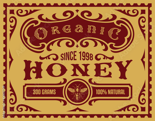 A vintage honey label for a package, all elements are in separate groups and editable