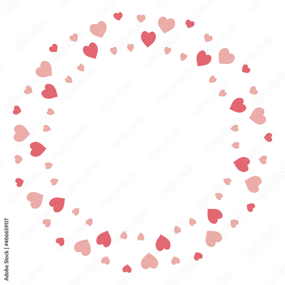 Round frame with warm pink hearts on white background. Vector image.
