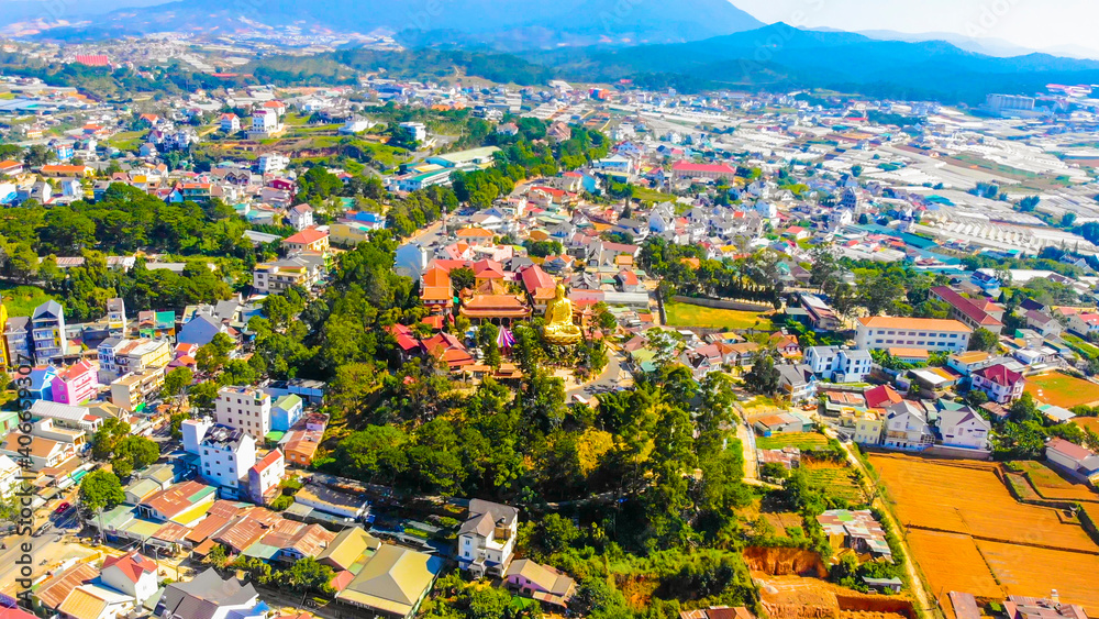 Aerial view of The Golden Buddha statue or Thien vien Van Hanh in Dalat city in Vietnam.