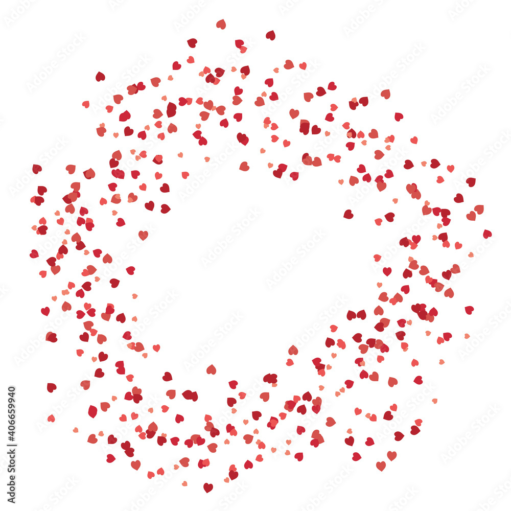 Round frame with festive red hearts on white background. Vector image.