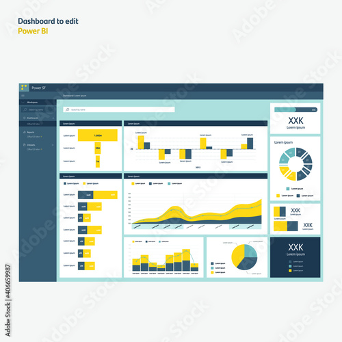 Dashboard de Power BI. Aplicación de gráficos interactivos para negocios. Infografías y datos. Diagramas para editar.