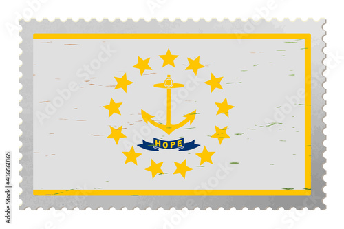 Rhode Island US flag on old postage stamp, vector