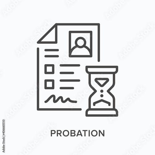 Probation flat line icon. Vector outline illustration of employee profile. Black thin linear pictogram for corporate test period photo