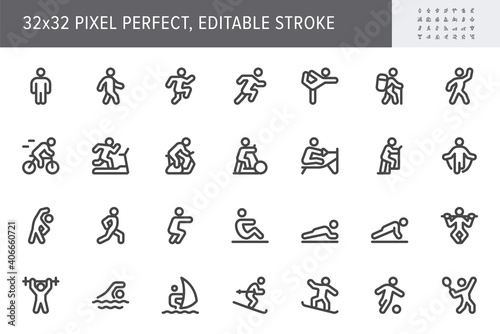 Sport people flat icons. Vector illustration with minimal icon - exercise, yoga, active man, treadmill, fitness, aerobic, snowboard, treadmill, simple pictogram. 32x32 Pixel Perfect