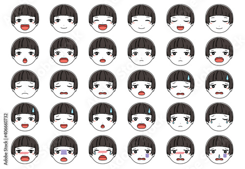 笑ったり怒ったり泣いたり困ったり色んな表情の男の子の顔のイラストセット