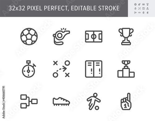 Football sport flat icons. Vector illustration with minimal icon - soccer, scoreboard, stopwatch, referee, field, judge whistle, championship score, fan finger, simple pictogram. 32x32 Pixel Perfect