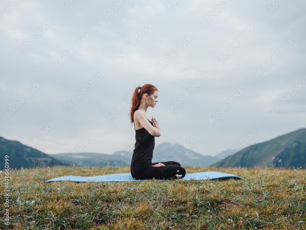 woman goes in for sports outdoors fresh air mountains grass woman goes in for sports outdoors fresh air mountains grass