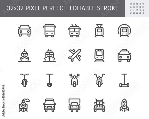 Transport front view flat icons. Vector illustration with minimal icon - ship, bus, car, truck, scooter, tram, airplane, subway, trolleybus, underground simple pictogram. 32x32 Pixel Perfect