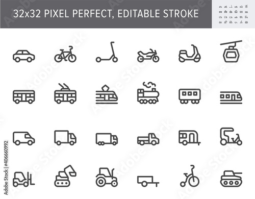 Transport side view flat icons. Vector illustration with minimal icon - bike, tram, train, electric scooter, trolley, railway, motorbike, trailer, excavator simple pictogram. 32x32 Pixel Perfect