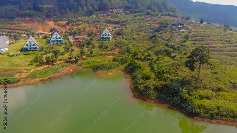 Aerial view of a small, beautiful and quiet European style villas resort on the bank of Tuyen Lam lake, Dalat, Vietnam