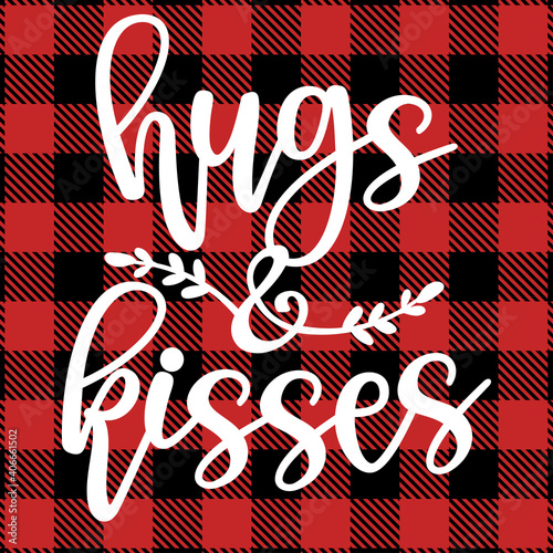 Hugs and Kiss - Christmas or Valentine's day decoration on tartan plaid scottish Seamless Pattern. Love day greeting car. Good for posters, greeting cards. Lumberjack buffalo background gift tag.