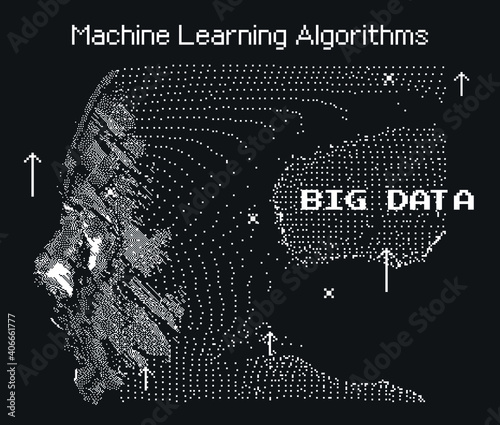 Abstract technology background with 3d face mask made of particles. Conceptual illustration of Artificial intelligence.