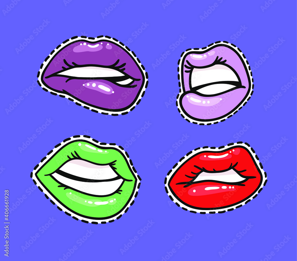 Set of Stickers with Sexy Female Lips with Gloss Colorful Lipstick. Pop Art Style Vector Fashion Illustration Woman Mouth. Gestures Collection Expressing Different Emotions Set of Stickers with Sexy Female Lips with Gloss Colorful Lipstick. Pop Art Style Vector Fashion Illustration Woman Mouth. Gestures Collection Expressing Different Emotions