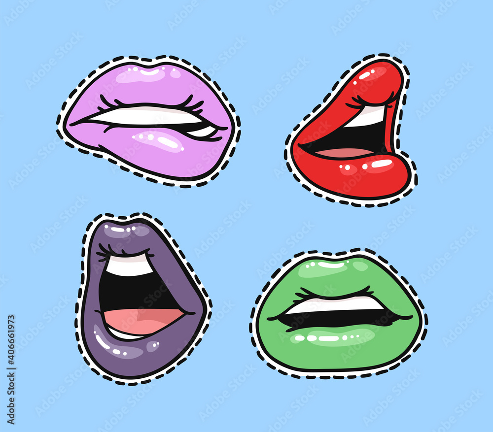 Set of Stickers with Sexy Female Lips with Gloss Colorful Lipstick. Pop Art Style Vector Fashion Illustration Woman Mouth. Gestures Collection Expressing Different Emotions Set of Stickers with Sexy Female Lips with Gloss Colorful Lipstick. Pop Art Style Vector Fashion Illustration Woman Mouth. Gestures Collection Expressing Different Emotions