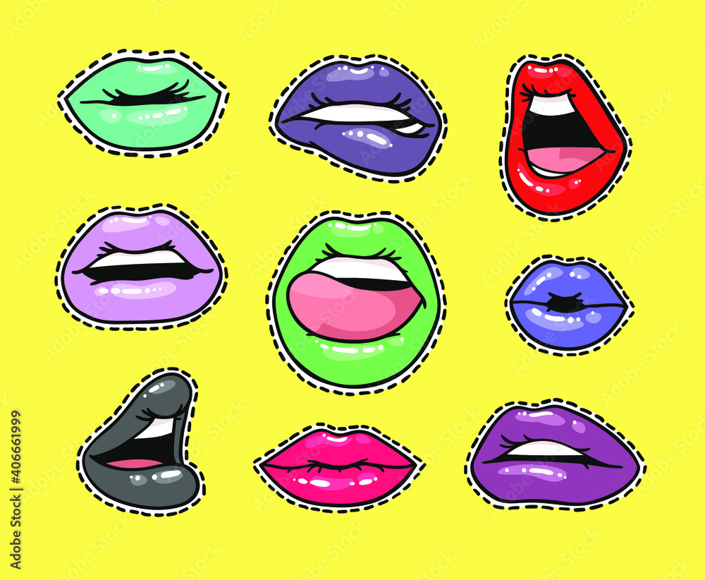 Set of Stickers with Sexy Female Lips with Gloss Colorful Lipstick. Pop Art Style Vector Fashion Illustration Woman Mouth. Gestures Collection Expressing Different Emotions Set of Stickers with Sexy Female Lips with Gloss Colorful Lipstick. Pop Art Style Vector Fashion Illustration Woman Mouth. Gestures Collection Expressing Different Emotions