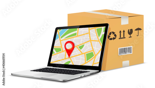 Shipping parcel GPS tracking order design. Laptop with GPS map on screen and cardboard box with packaging symbols.