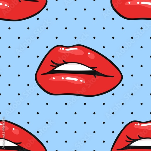 Seamless Pattern with Sexy Female Lips with Gloss Red Lipstick. Pop Art Style Vector Fashion Illustration Woman Mouth. Gestures Collection Expressing Different Emotions