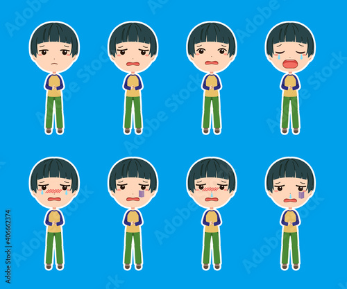 白フチつきの落ち込んだり泣いたり風邪を引いた男の子のイラストセット