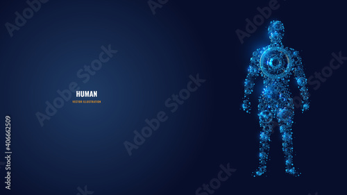 Digital 3d human body image consisting of gears and cogs in dark blue. Human body function, medicine, anatomy or futuristic concept. Abstract low poly wireframe with lines, dots, stars and shapes