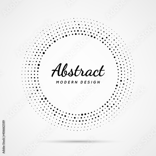 Circular dot frame. Circle border with effect halftone. Modern faded ring. Semitone shape round. Point sphere boarder. Dotted geometric pattern. Graphic small dots element for design prints. Vector