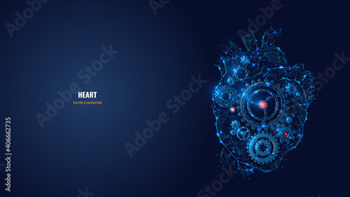Digital 3d heart with gears inside. Low poly human organ, cogs and gear wheel mechanisms. Biohacking, medicine, health boost concept. Abstract vector dark blue wireframe with lines, dots and stars 
