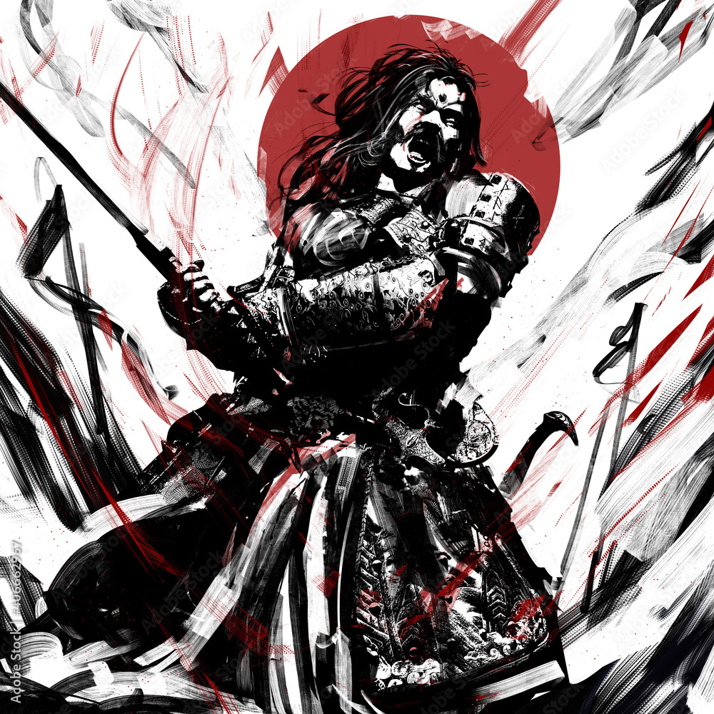 Fototapeta An enraged warrior yells furiously in the heat of battle and rushes into battle with his sword at the ready, in the midst of the chaos of the battle. 2d illustration.