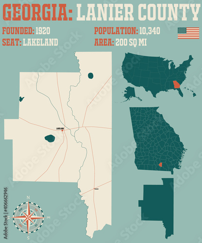 Large and detailed map of Lanier county in Georgia, USA.