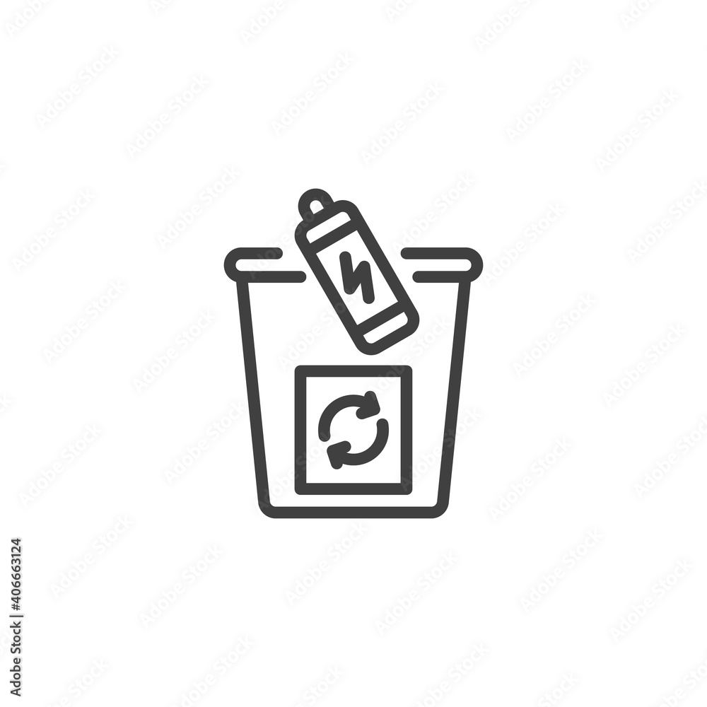 Battery recycling waste line icon. linear style sign for mobile concept and web design. Battery trash bin outline vector icon. Symbol, logo illustration. Vector graphics Battery recycling waste line icon. linear style sign for mobile concept and web design. Battery trash bin outline vector icon. Symbol, logo illustration. Vector graphics