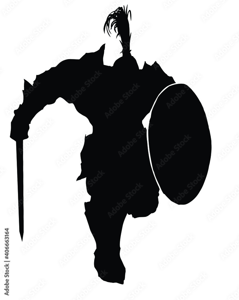 The black silhouette of a huge bulky knight running into battle with a ...