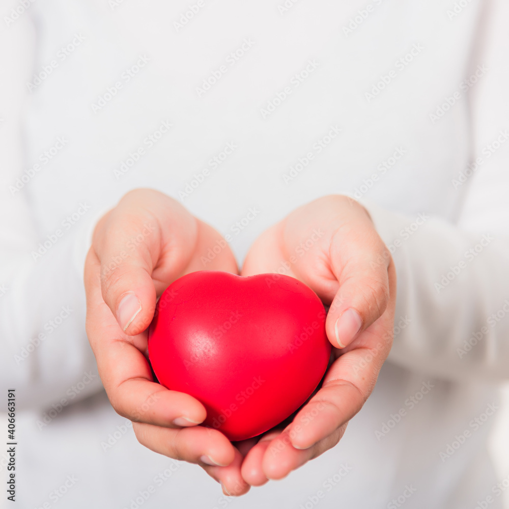 Love Valentine's Day. Female beauty hands holding modern a red heart isolated on white background, giving help donation medical healthcare happy holiday background concept Love Valentine's Day. Female beauty hands holding modern a red heart isolated on white background, giving help donation medical healthcare happy holiday background concept