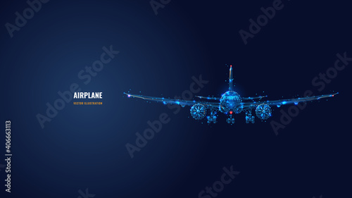 3d airplane isolated in dark blue. Abstract vector wireframe of airliner. Travel, tourism, business, airline transportation concept. Low poly glowing mesh with dots, lines, stars and flying particles  photo