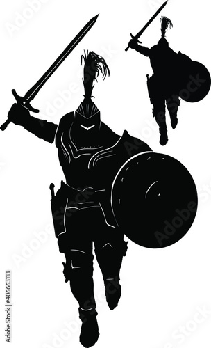 A black silhouette of a knight running into battle with a shield and sword, heavy plate armor completely covering his body . 2d illustration.