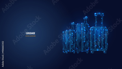 Abstract 3d image of luggage. Digital vector suitcases with wheels look like starry sky. Low poly glowing mesh with connected dots. Travel, recreation, business or family trip concept in dark blue 