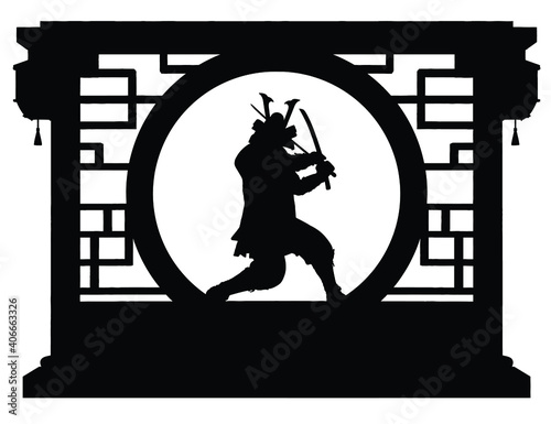 Black silhouette of a samurai standing in a fighting stance with two katanas in a round arch made in the Japanese style. 2d illustration.