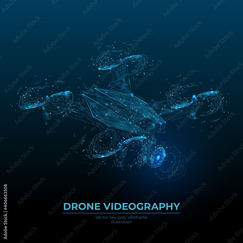 Abstract low poly 3d drone with camera in dark blue. Drone videography,  aerial photography, modern technology concept. Digital vector illustration  of quadcopter with dots, lines, shapes and particles vector de Stock