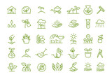 Set of icons. Growing seedlings plant shoots. Agriculture and gardener. Biotechnology plants. Sowing seeds. Vector contour green line.