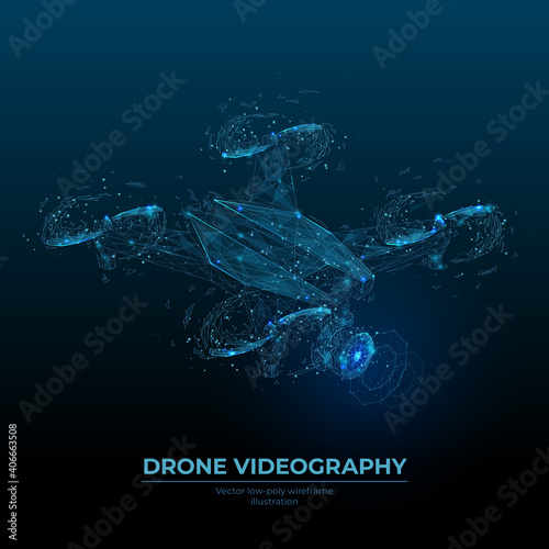 Abstract low poly 3d drone with camera in dark blue. Drone videography, aerial photography, modern technology concept. Digital vector illustration of quadcopter with dots, lines, shapes and particles © AntonKhrupinArt