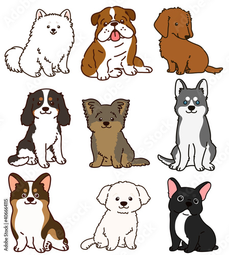 Set of outlined cute and simple dogs sitting in front view
