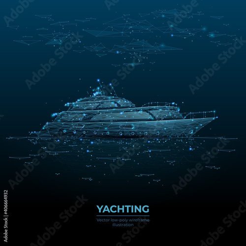 Digital polygonal 3d illustration of yacht in the sea. Yachting sport, sailing, business, travel concept in dark blue. Abstract vector mesh wireframe consisting of lines, dots and flying particles