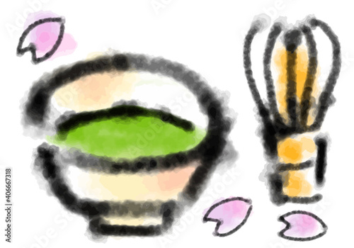 抹茶と茶筅の墨絵イラスト素材