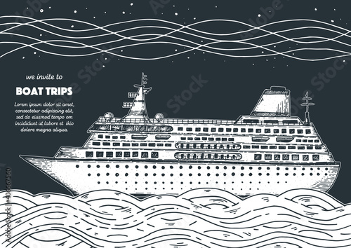 Boat trip design template. Hand drawn sketch illustration. Nautical vector illustration. Sea design template. Cruise ship.