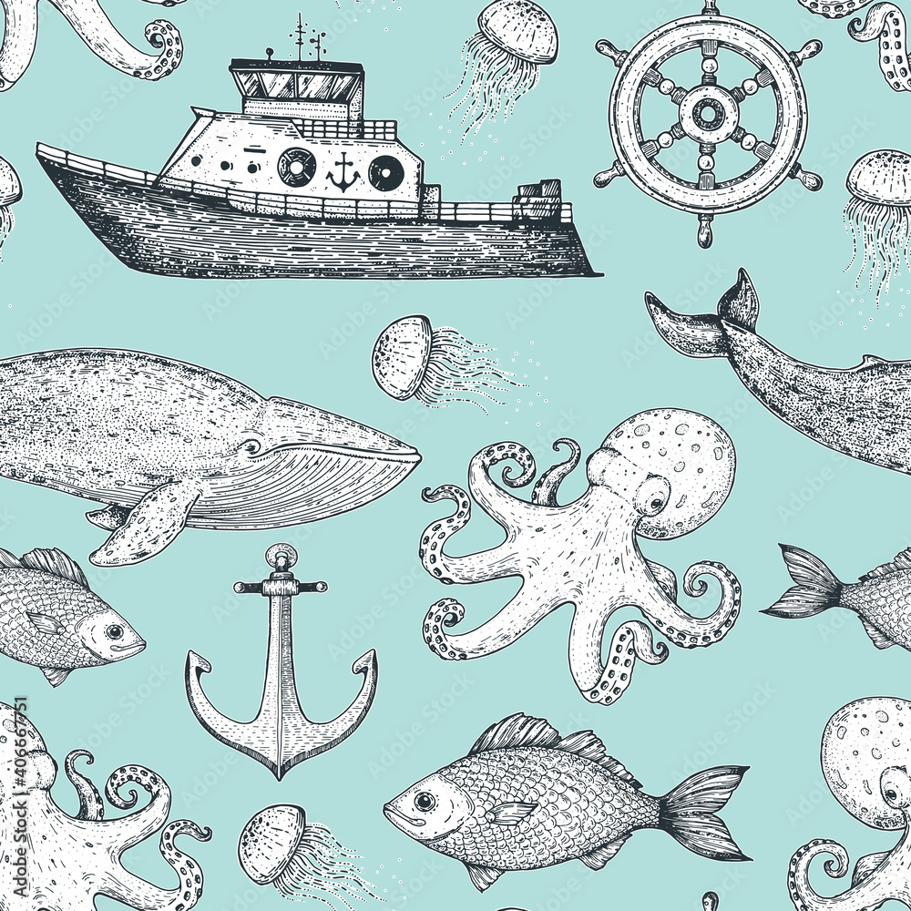 Sea motifs in the style of engraving