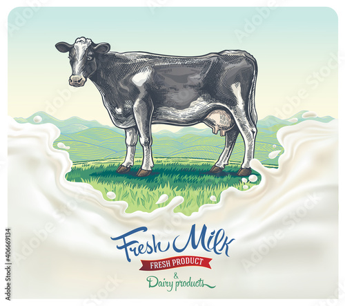 Cow, drawing in a graphic style, against the background of the rural landscape with hills, with a splach milk in the foreground.