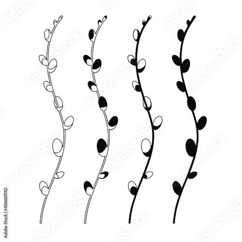 vector set of pussy willow branches for decoration, easter set of twigs, outline black on gray background