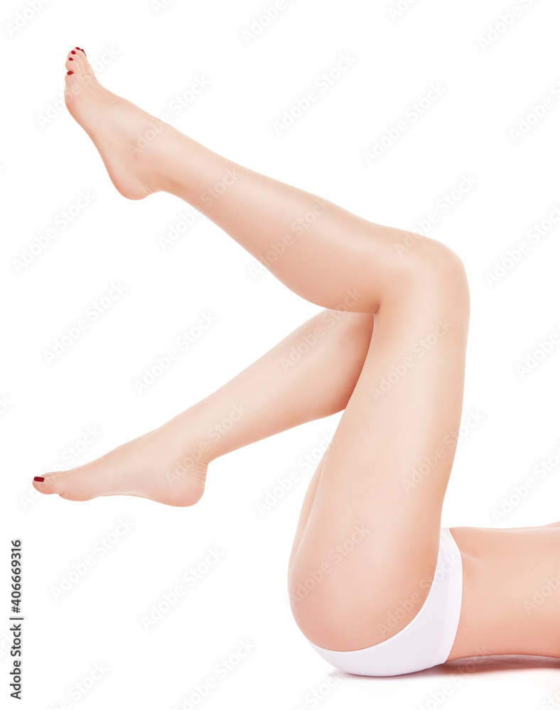beautiful female legs with white panties on white background beautiful female legs with white panties on white background